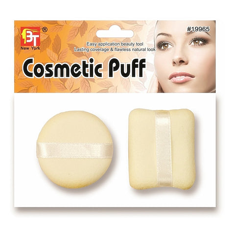 2PK CREAM ROUND AND SQUARE COSMETIC PUFF w- SATIN RIBBON