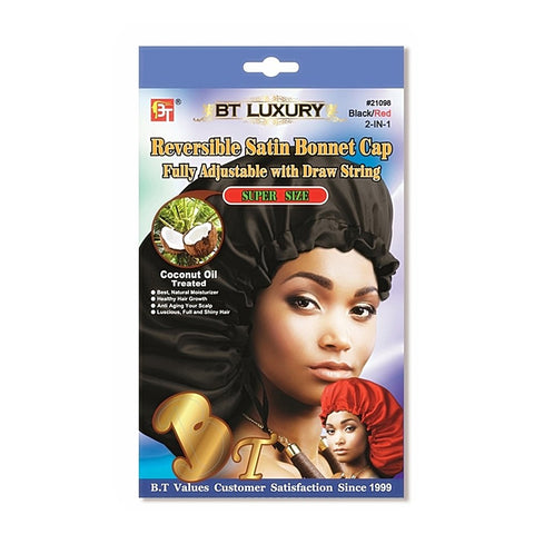 REVERSIBLE SATIN BONNET CAP - Coconut Oil Treated (BLACK-RED)