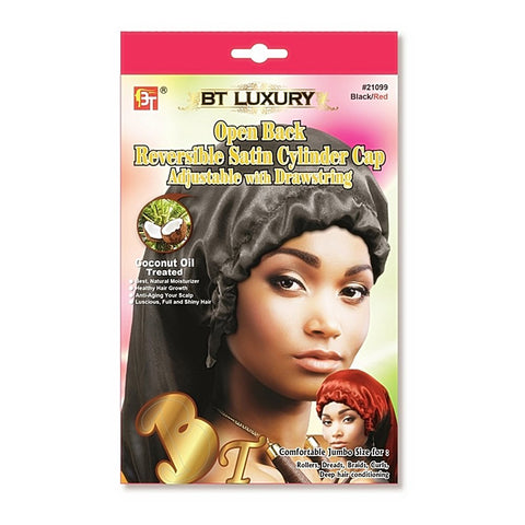 OPEN BACK REVERSIBLE SATIN CYLINDER CAP - Coconut Oil Treated (BLACK-RED)