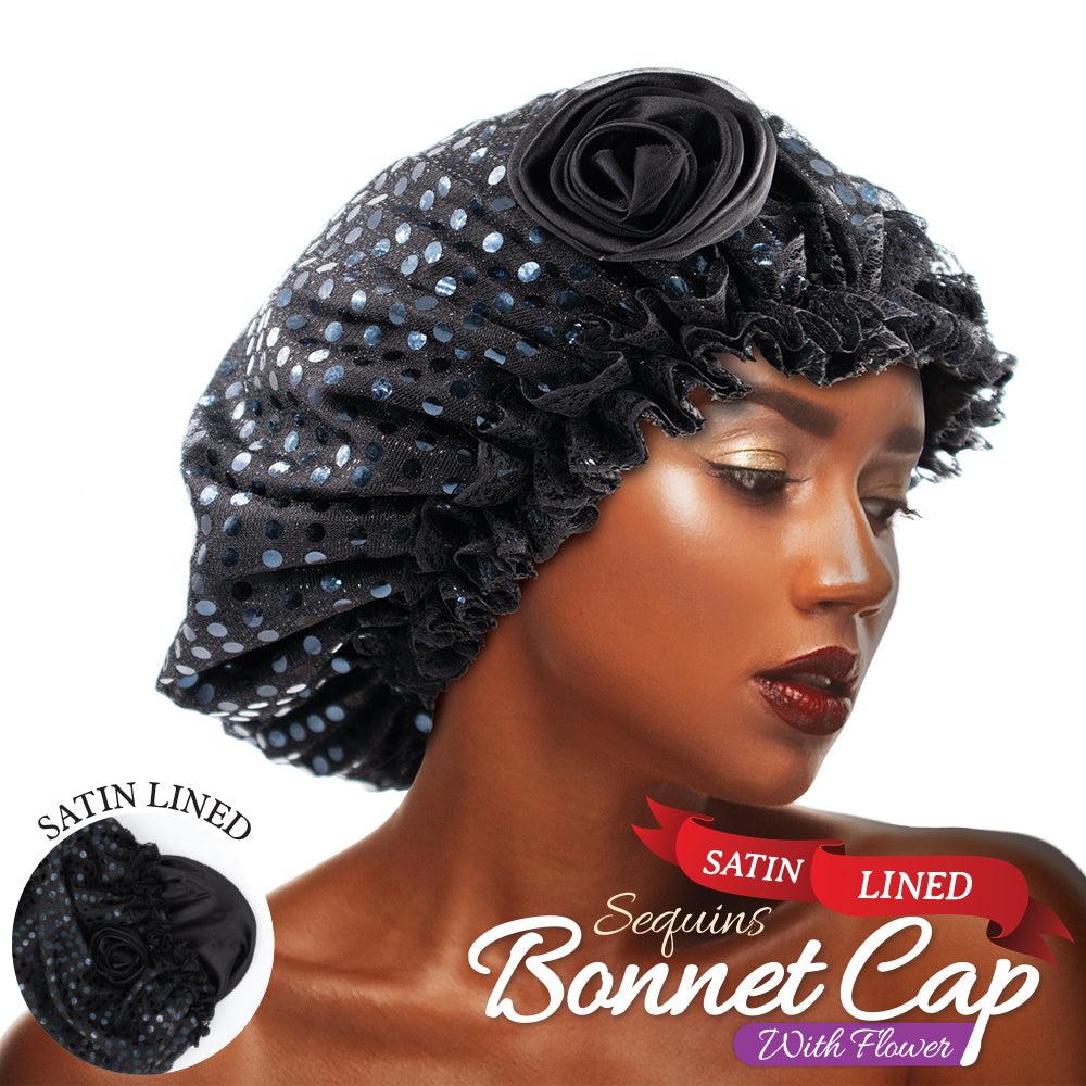 SATIN LINED SEQUINS BONNET CAP WITH FLOWER