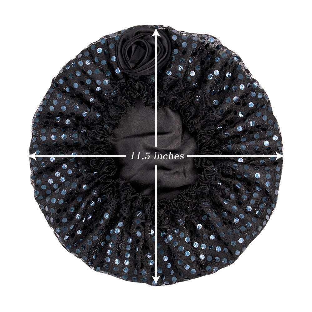 SATIN LINED SEQUINS BONNET CAP WITH FLOWER