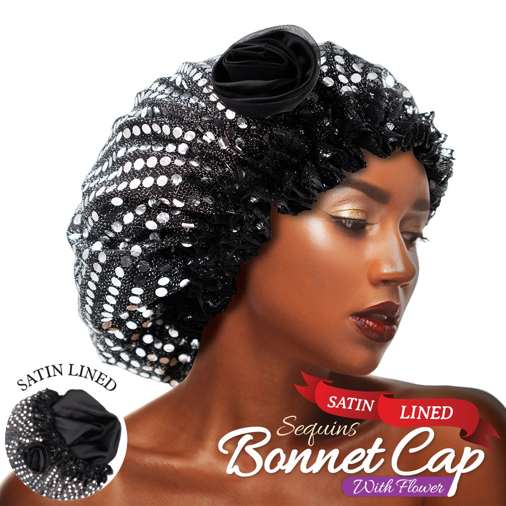 SATIN LINED SEQUINS BONNET CAP WITH FLOWER