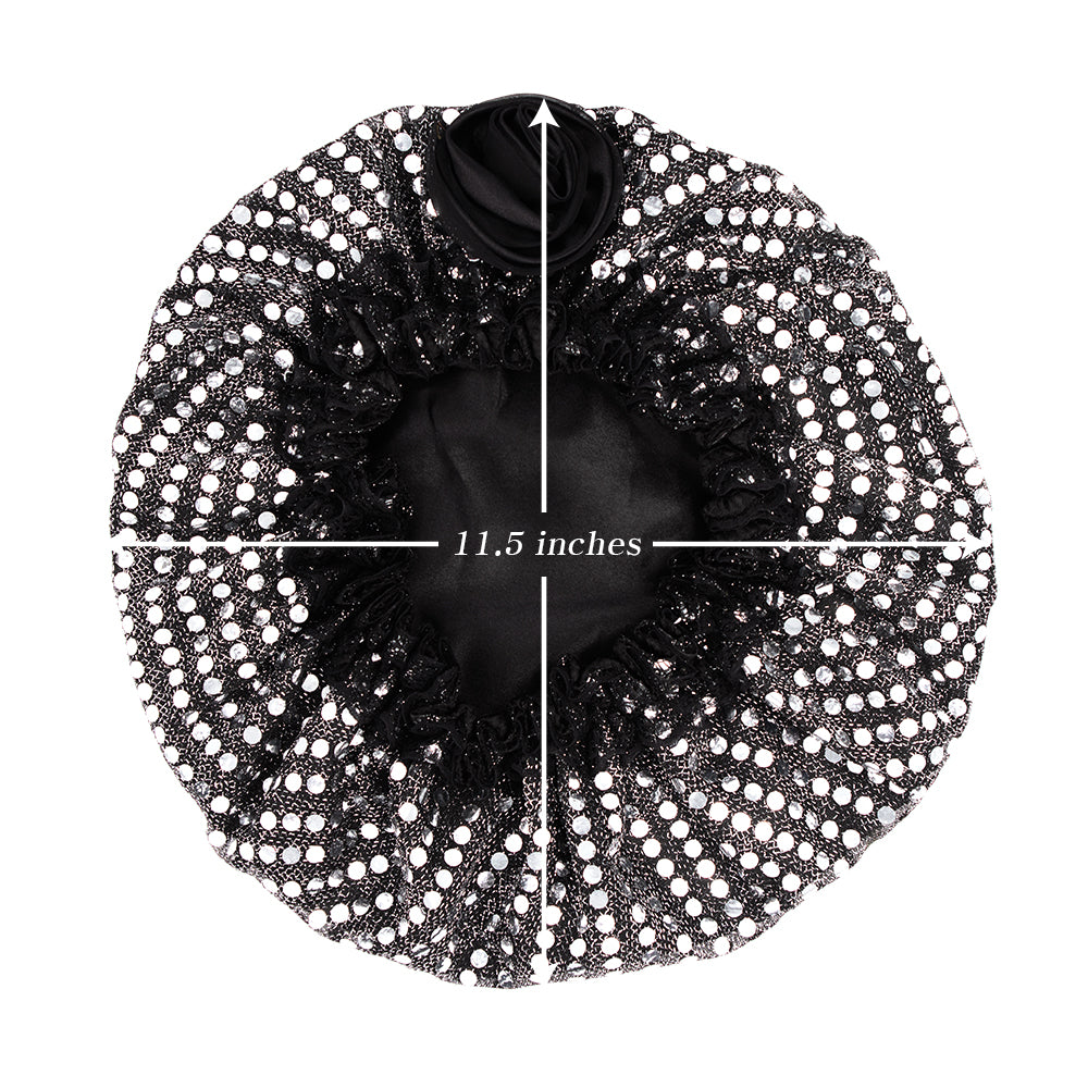 SATIN LINED SEQUINS BONNET CAP WITH FLOWER