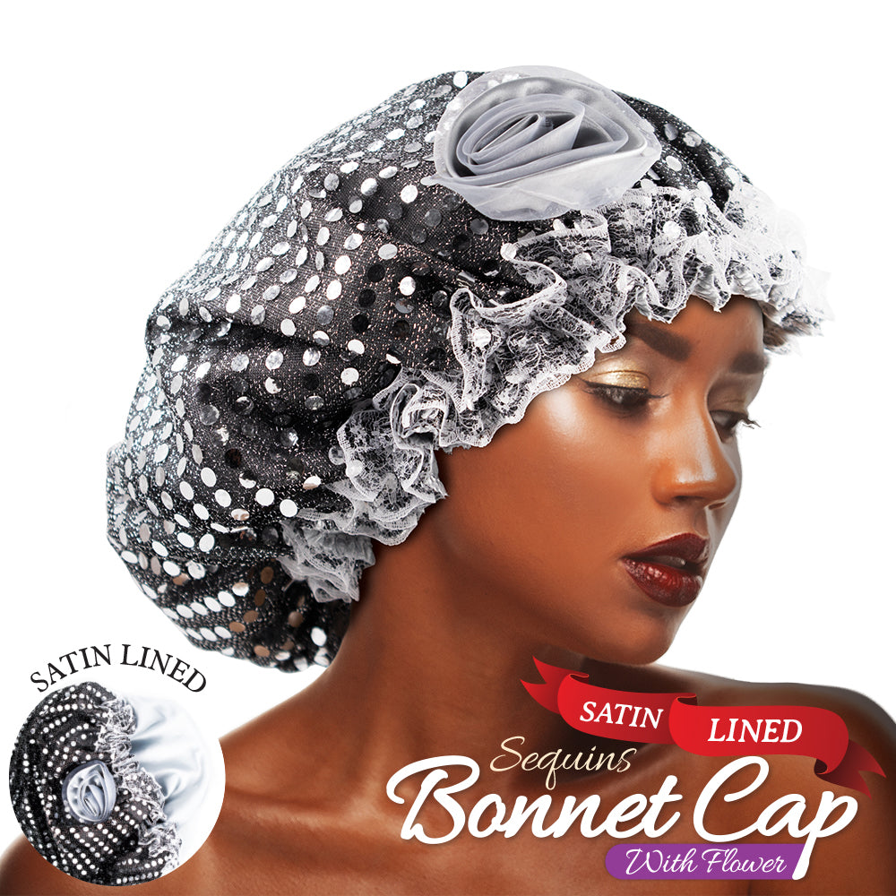 SATIN LINED SEQUINS BONNET CAP WITH FLOWER