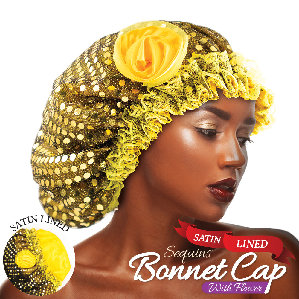 SATIN LINED SEQUINS BONNET CAP WITH FLOWER