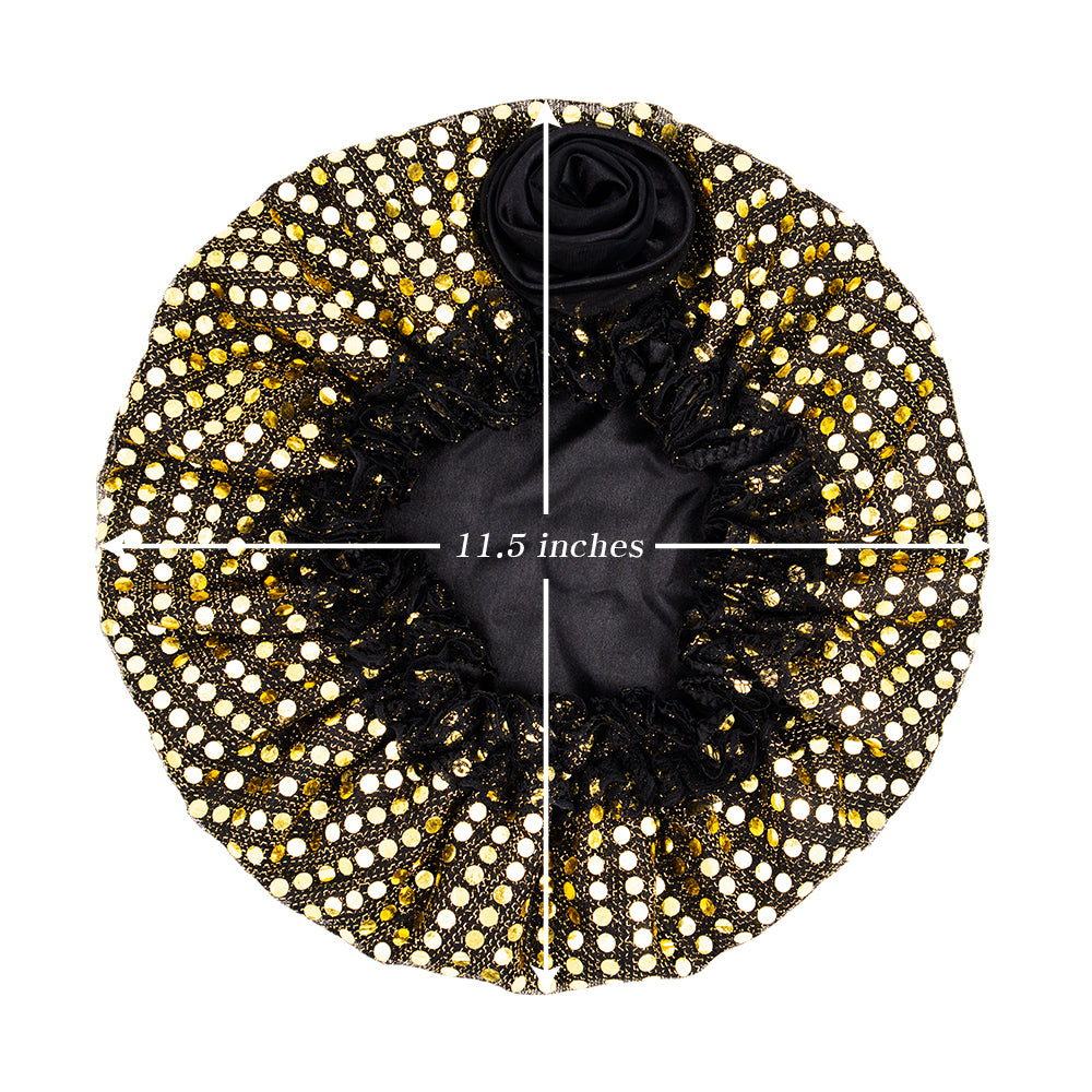 SATIN LINED SEQUINS BONNET CAP WITH FLOWER