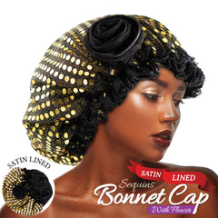 SATIN LINED SEQUINS BONNET CAP WITH FLOWER