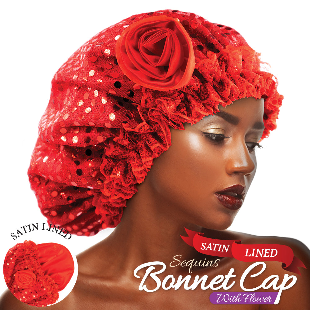 SATIN LINED SEQUINS BONNET CAP WITH FLOWER