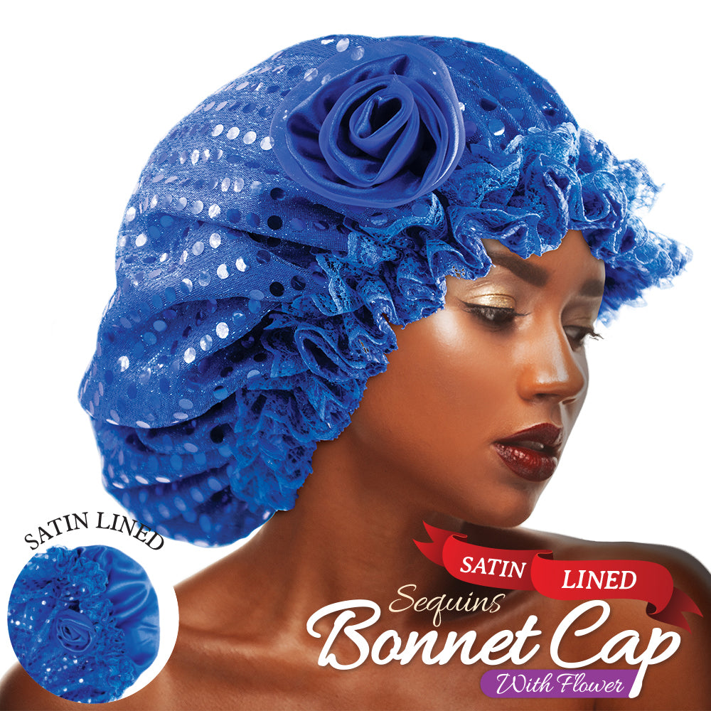 SATIN LINED SEQUINS BONNET CAP WITH FLOWER