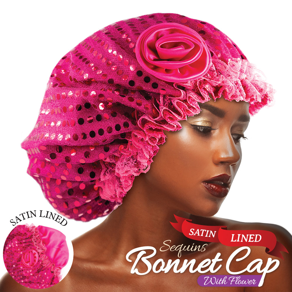 SATIN LINED SEQUINS BONNET CAP WITH FLOWER