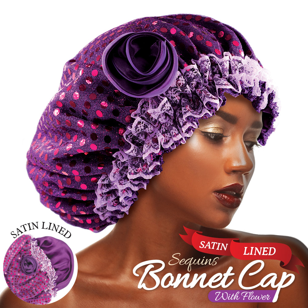 SATIN LINED SEQUINS BONNET CAP WITH FLOWER