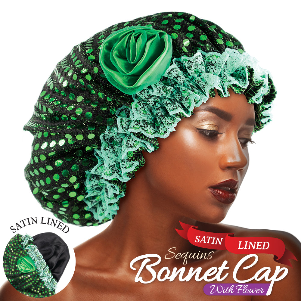 SATIN LINED SEQUINS BONNET CAP WITH FLOWER